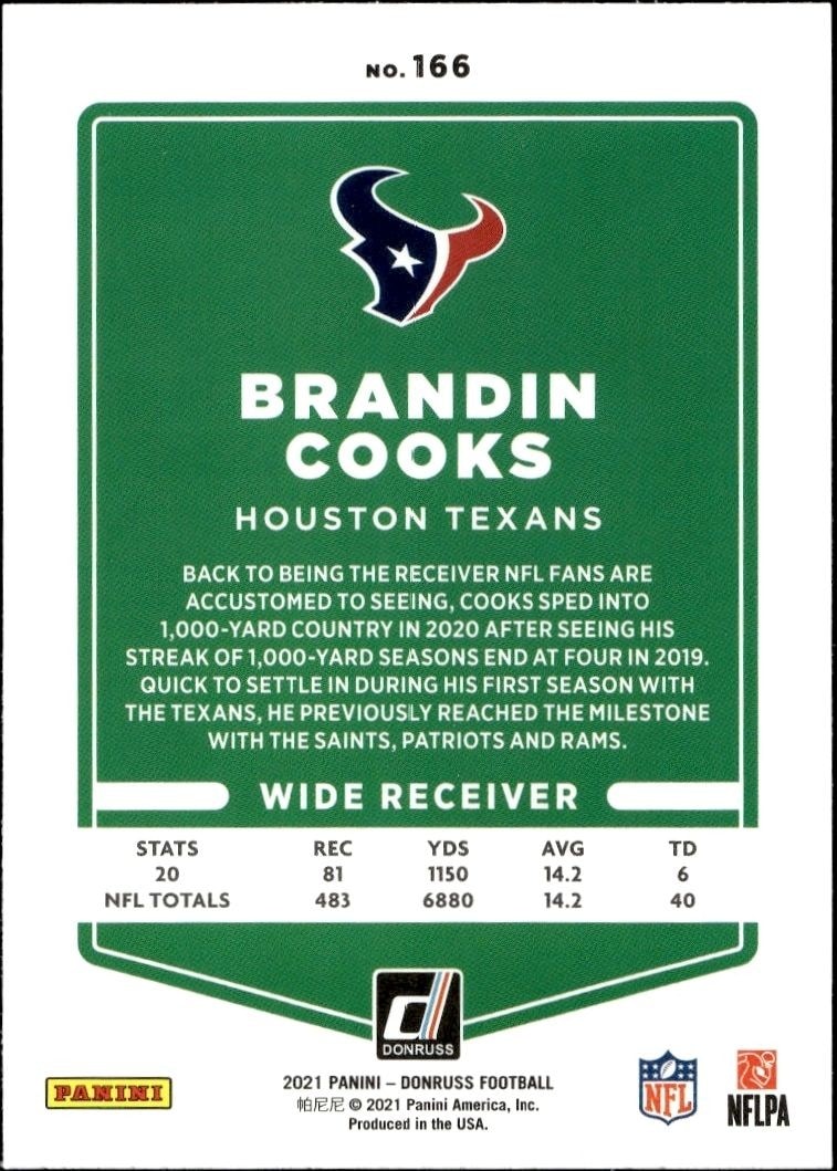 2021 Donruss Brandin Cooks #166 football trading card back