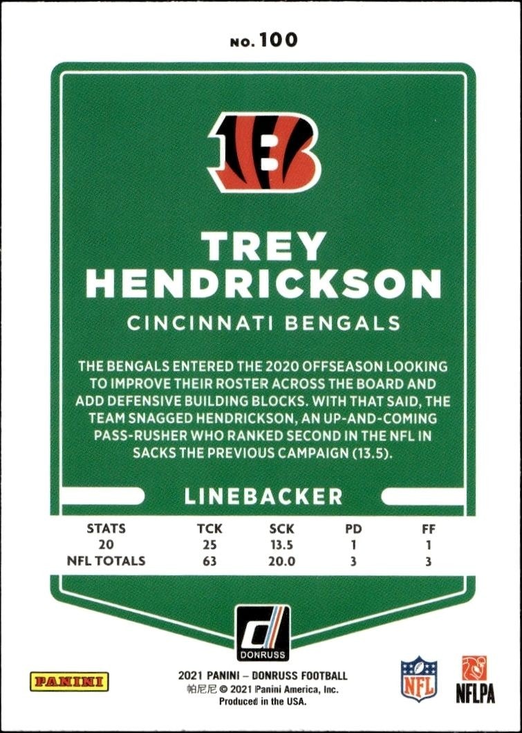 2021 Donruss Trey Hendrickson #100 football trading card back