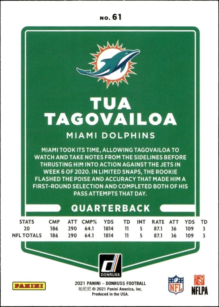 2021 Donruss Tua Tagovailoa #61 football trading card back