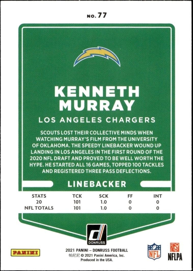 2021 Donruss Kenneth Murray #77 football trading card back
