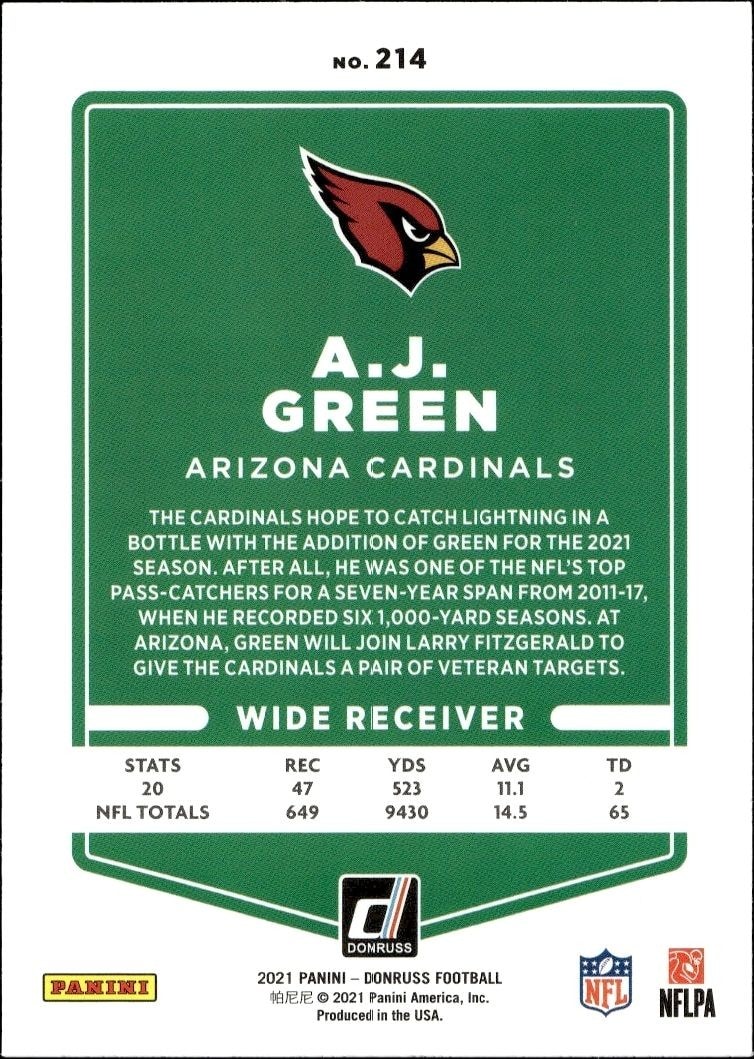 2021 Donruss A.J. Green #214 football trading card back