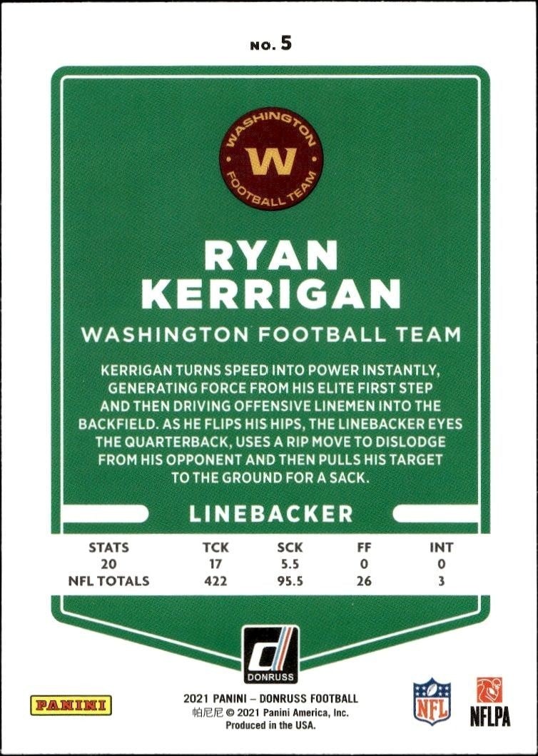2021 Donruss Ryan Kerrigan #5 football trading card back