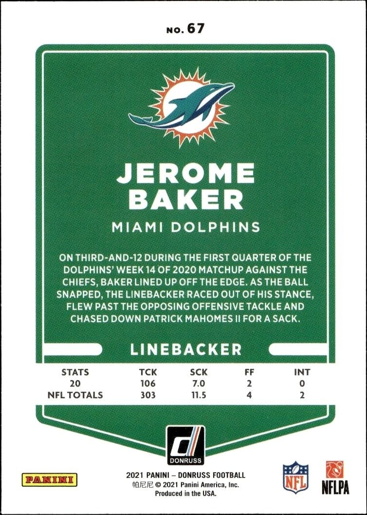 2021 Donruss Jerome Baker #67 football trading card back
