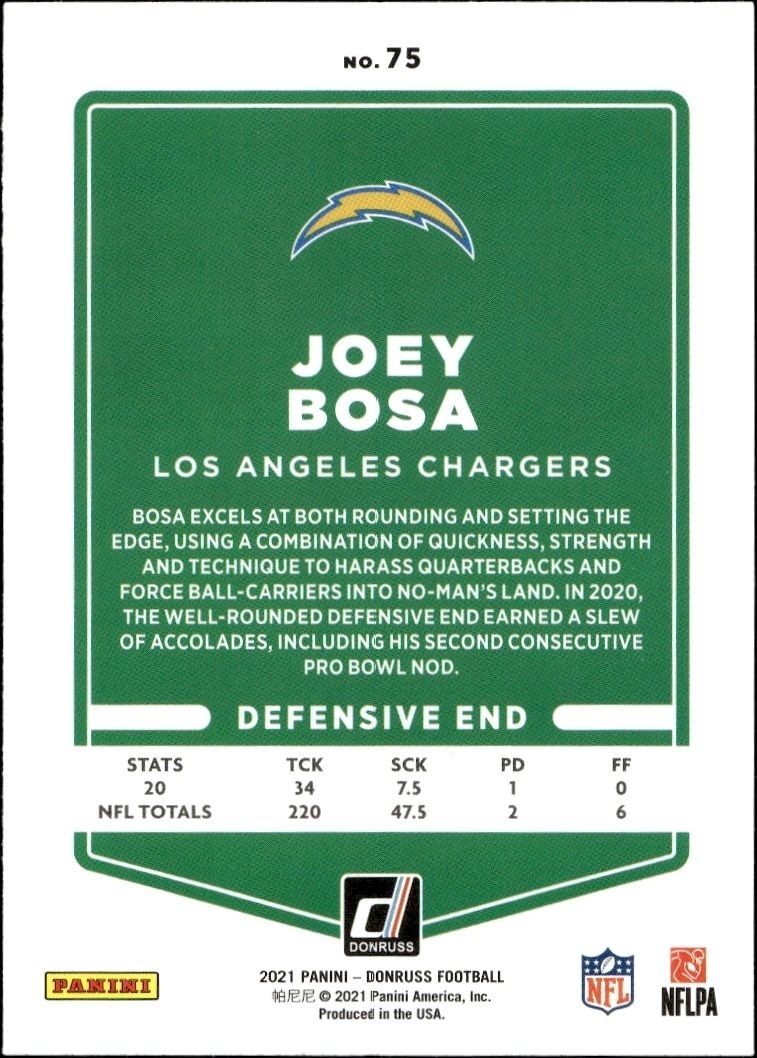 2021 Donruss Joey Bosa #75 football trading card back