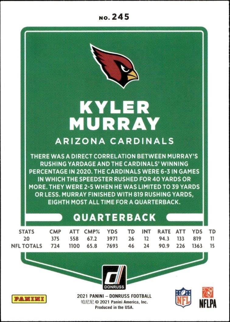 2021 Donruss Kyler Murray #245 football trading card back