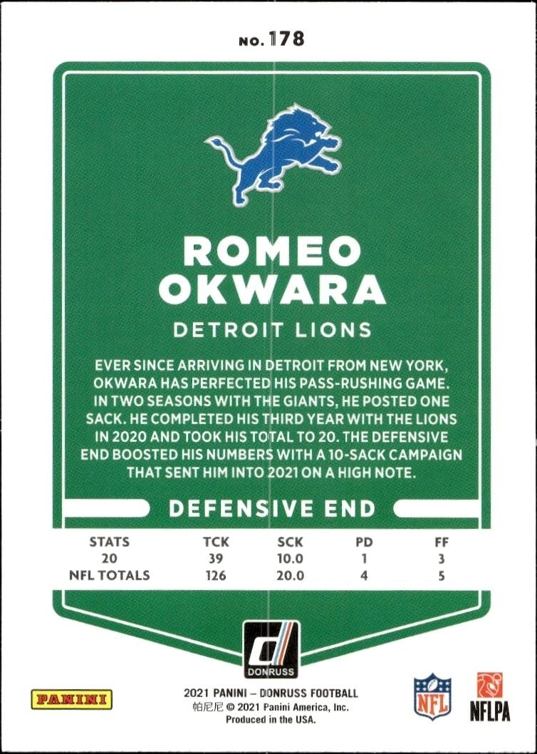 2021 Donruss Romeo Okwara #178 football trading card back