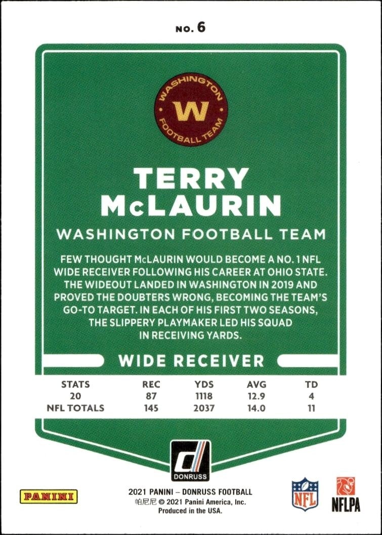2021 Donruss Terry McLaurin #6 football trading card back