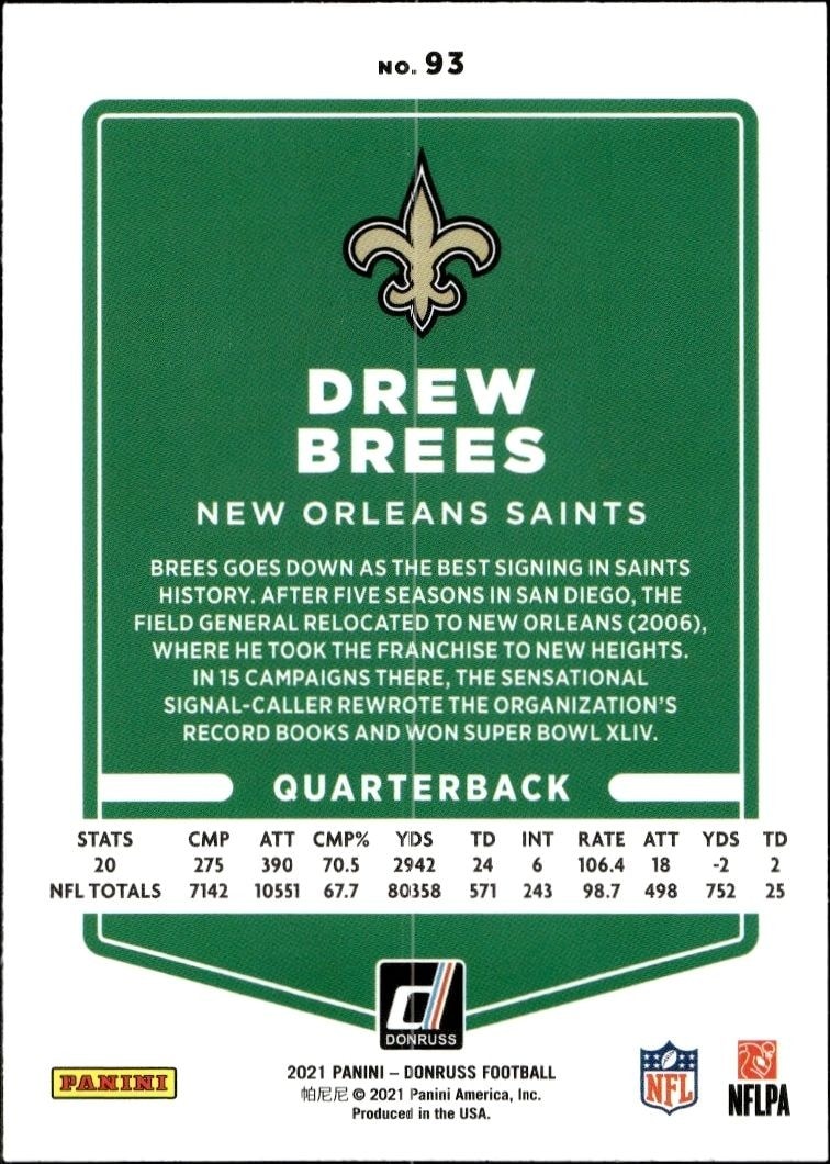 2021 Donruss Drew Brees #93 football trading card back