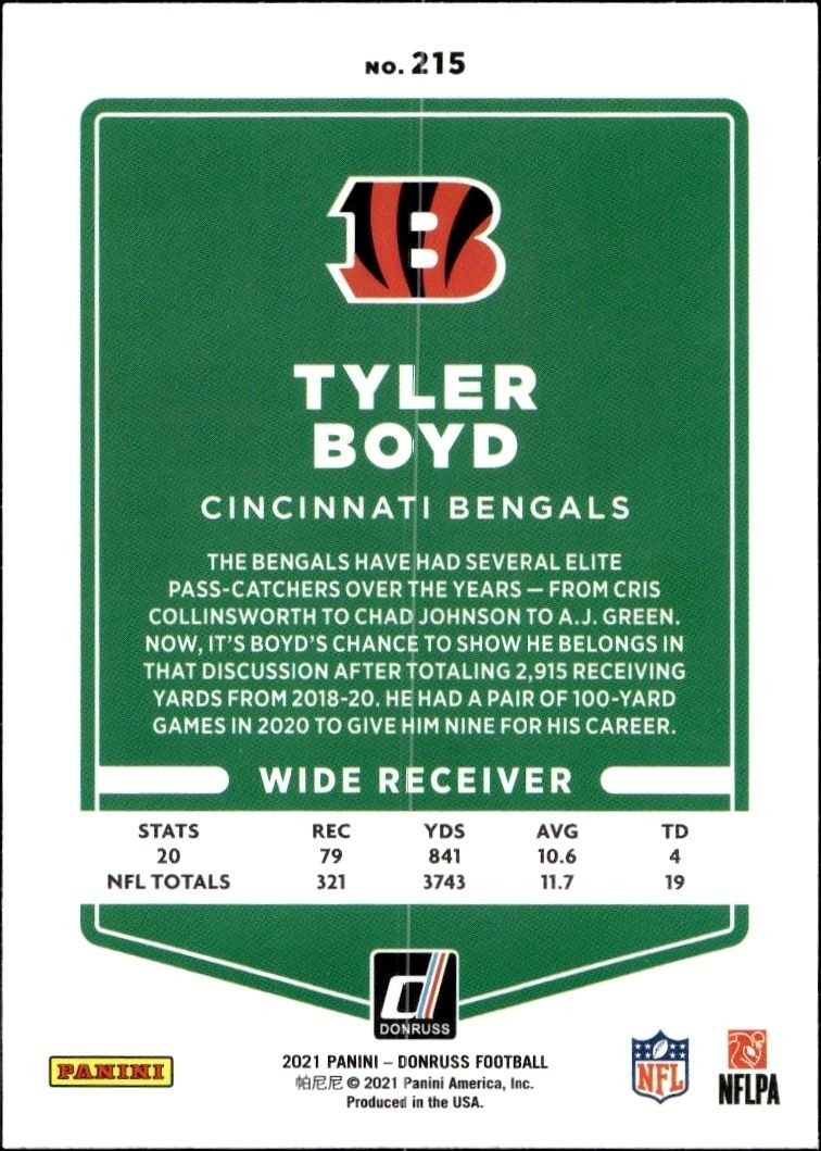 2021 Donruss Tyler Boyd #215 football trading card back