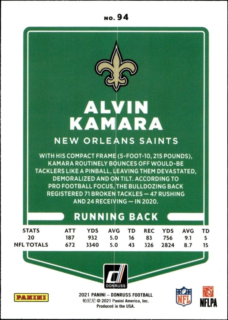 2021 Donruss Alvin Kamara #94 football trading card back