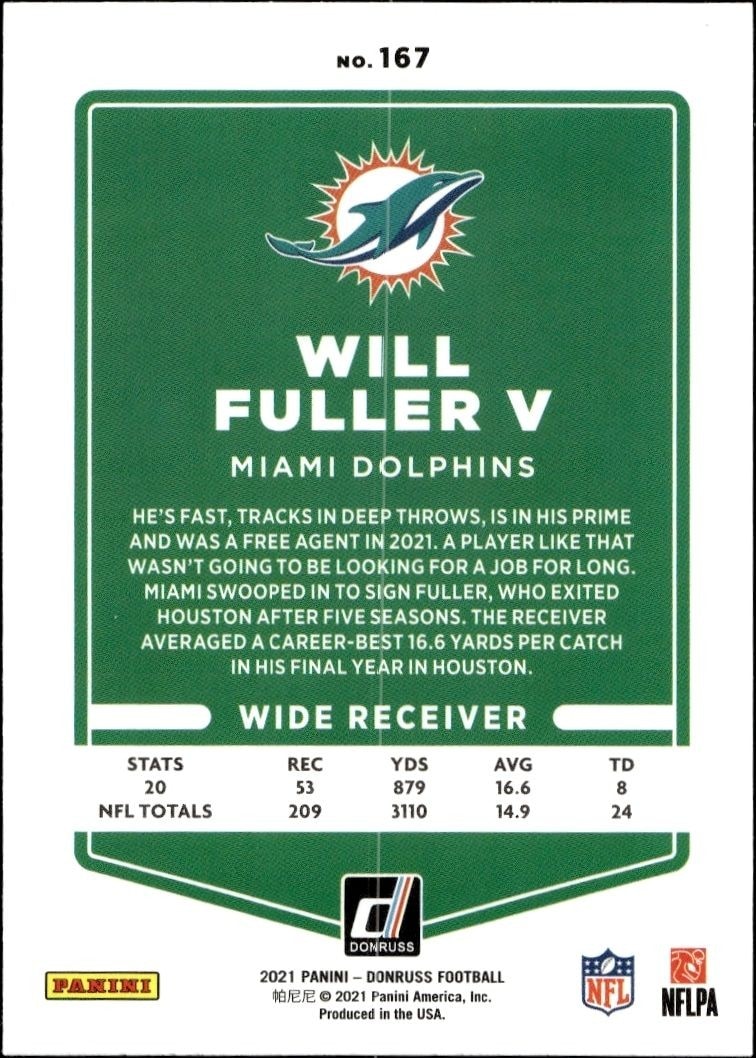 2021 Donruss Will Fuller V #167 football trading card back