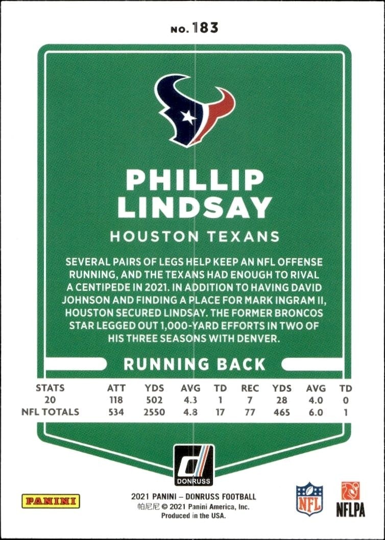 2021 Donruss Phillip Lindsay #183 football trading card back