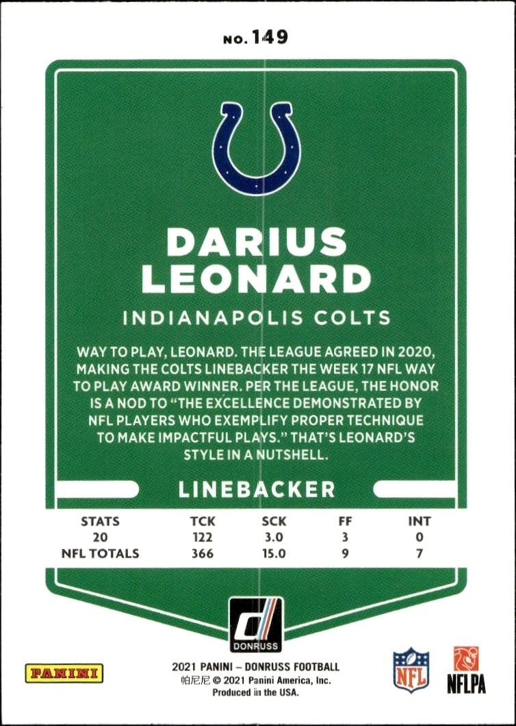 2021 Donruss Darius Leonard #149 football trading card back