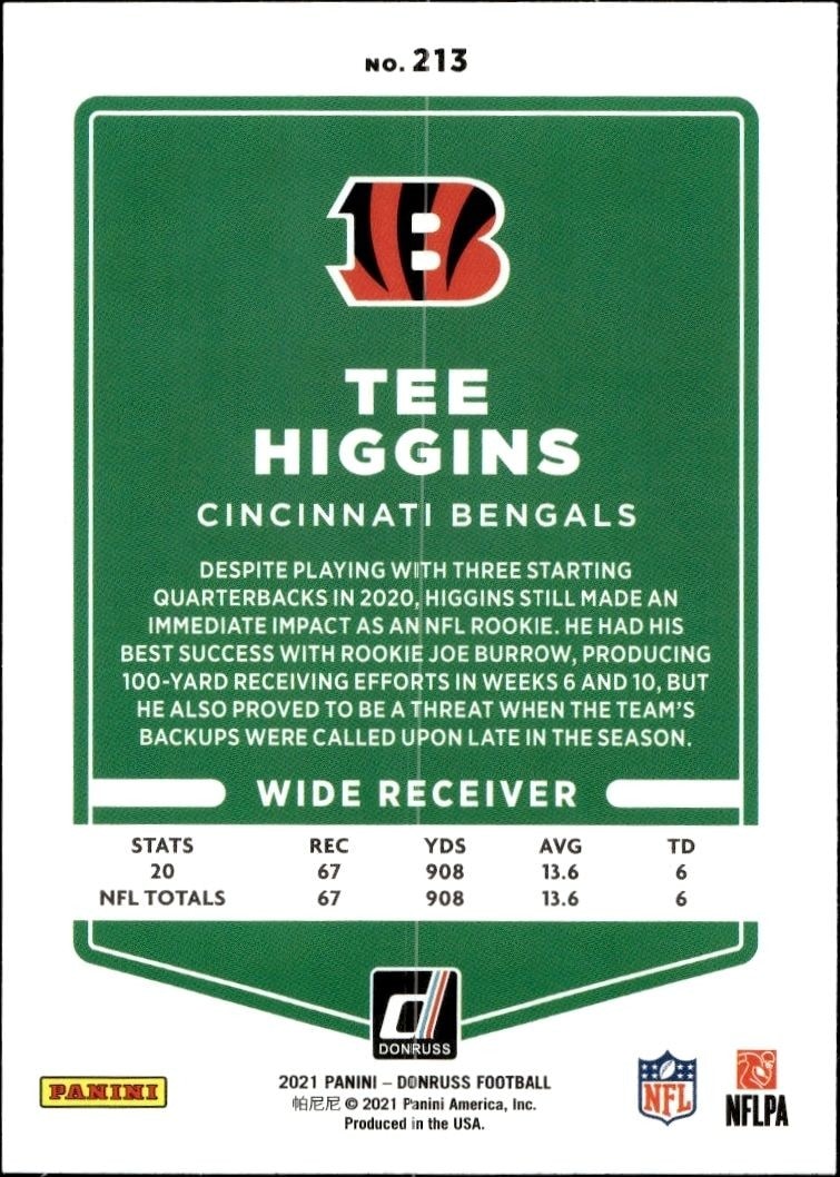 2021 Donruss Tee Higgins #213 football trading card back