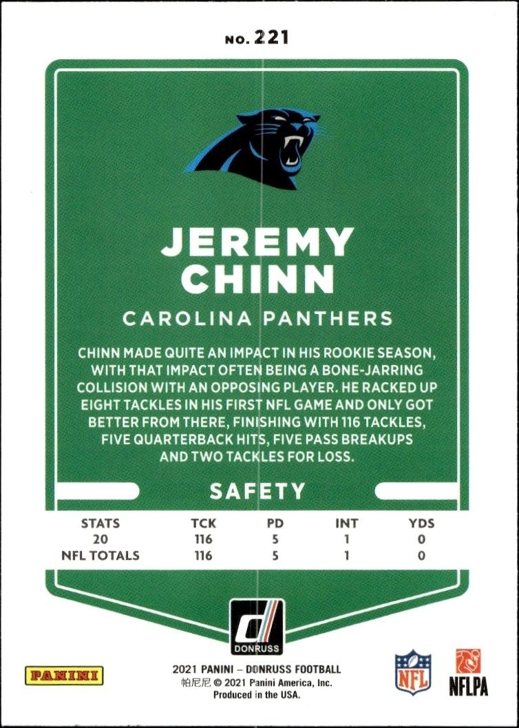 2021 Donruss Jeremy Chinn #221 football trading card back