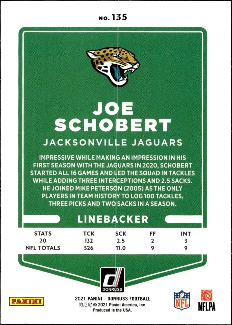 2021 Donruss Joe Schobert #135 football trading card back