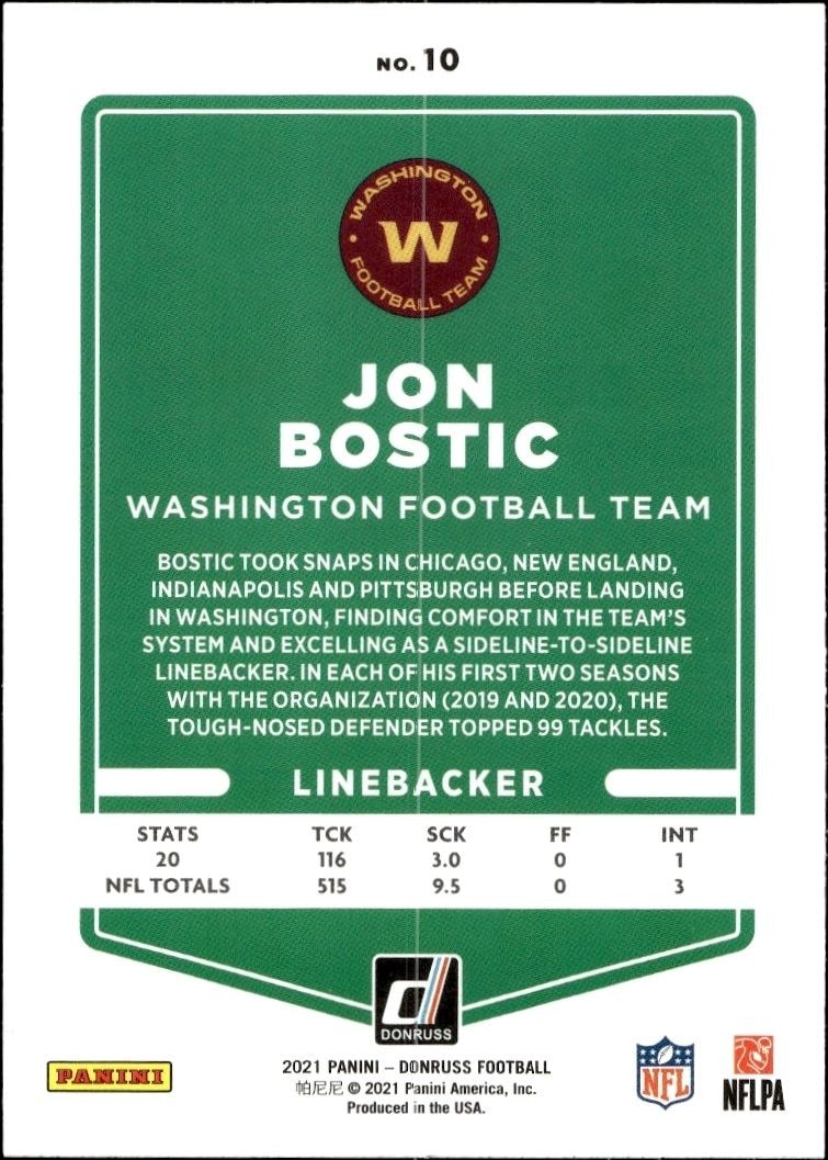 2021 Donruss Jon Bostic #10 football trading card back