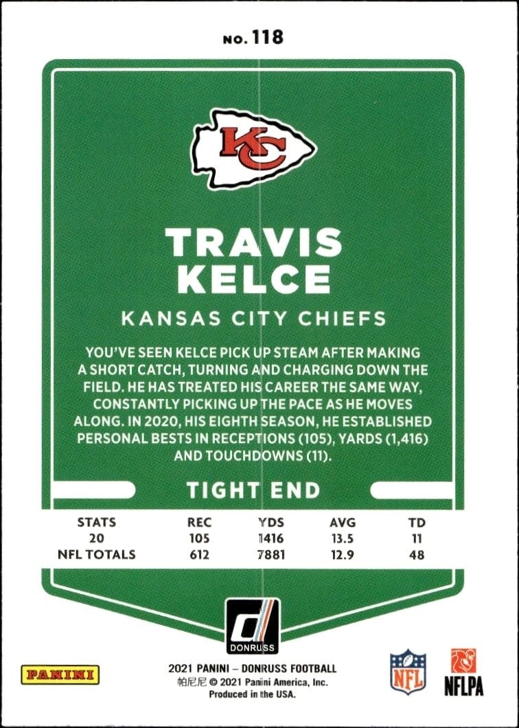2021 Donruss Travis Kelce #118 football trading card back