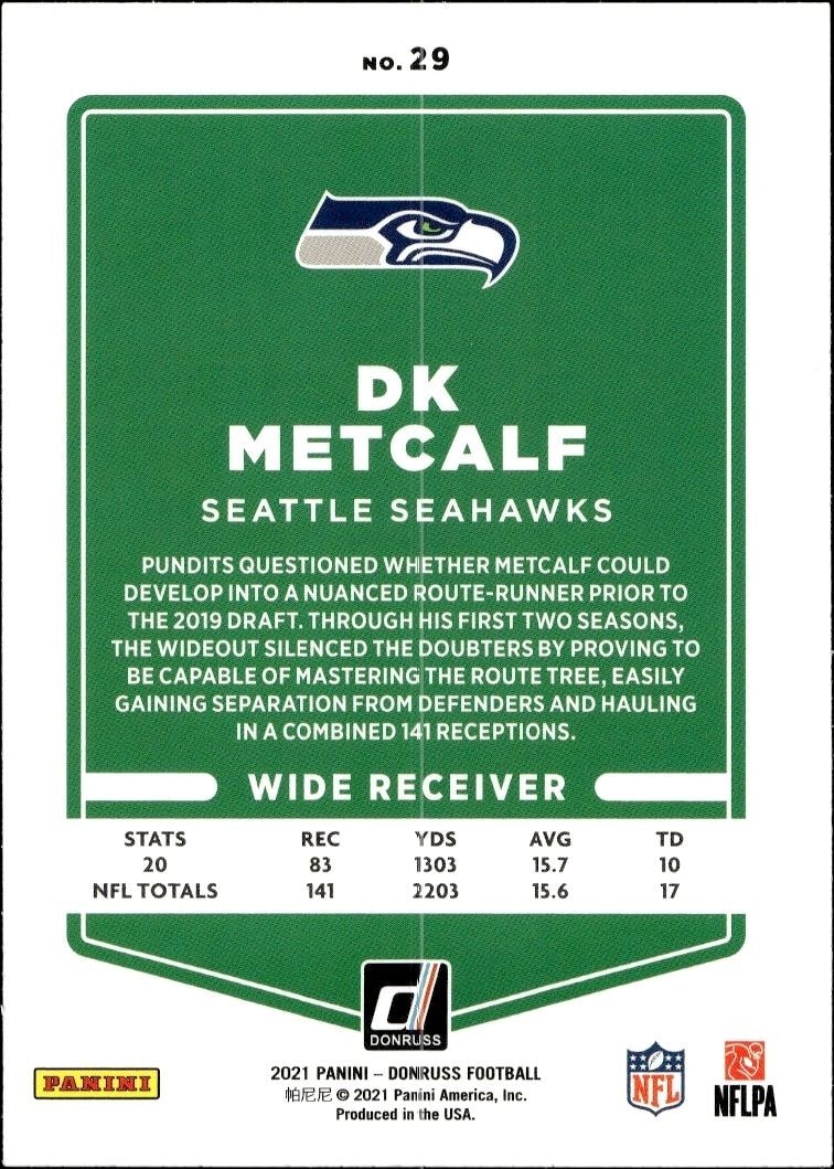 2021 Donruss Dk Metcalf #29 football trading card back