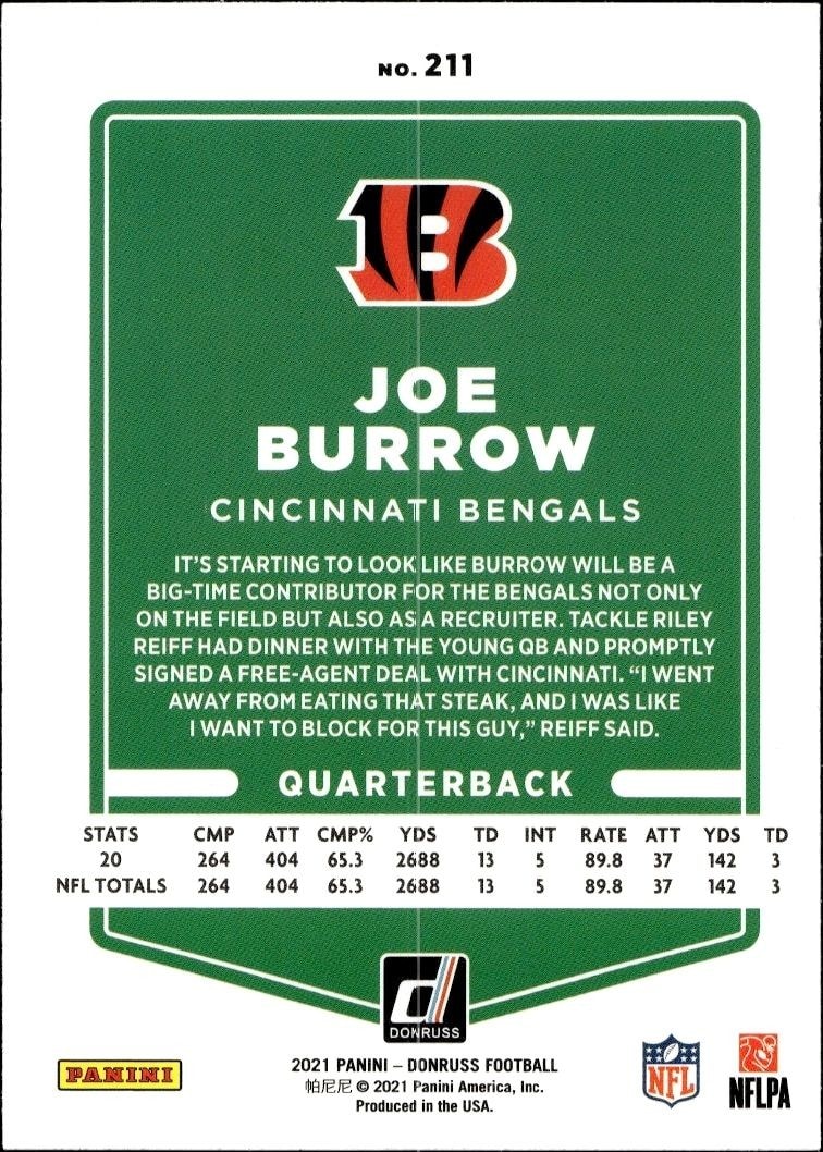 2021 Donruss Joe Burrow #211 football trading card back