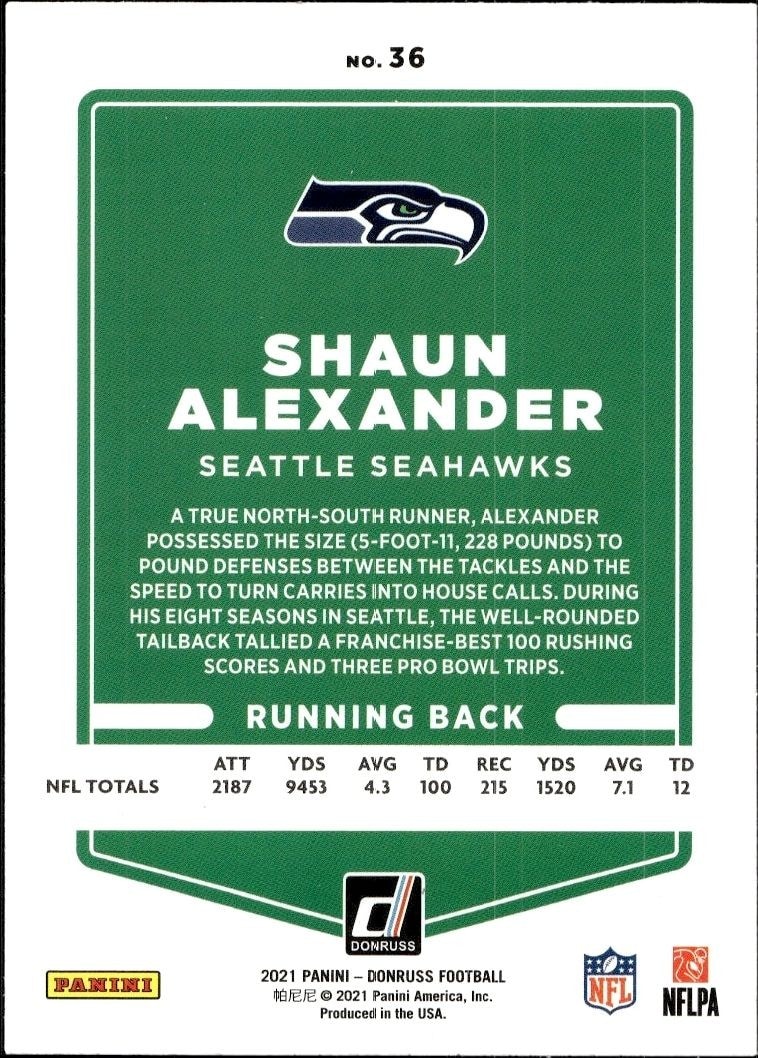 2021 Donruss Shaun Alexander #36 football trading card back