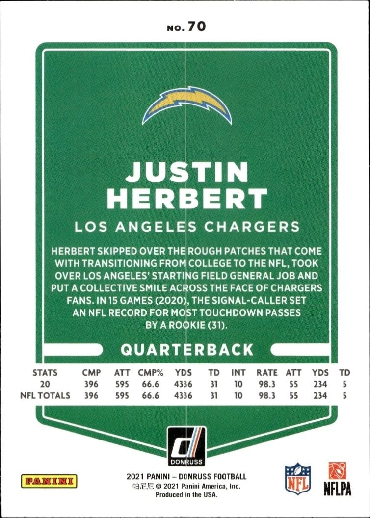 2021 Donruss Justin Herbert #70 football trading card back