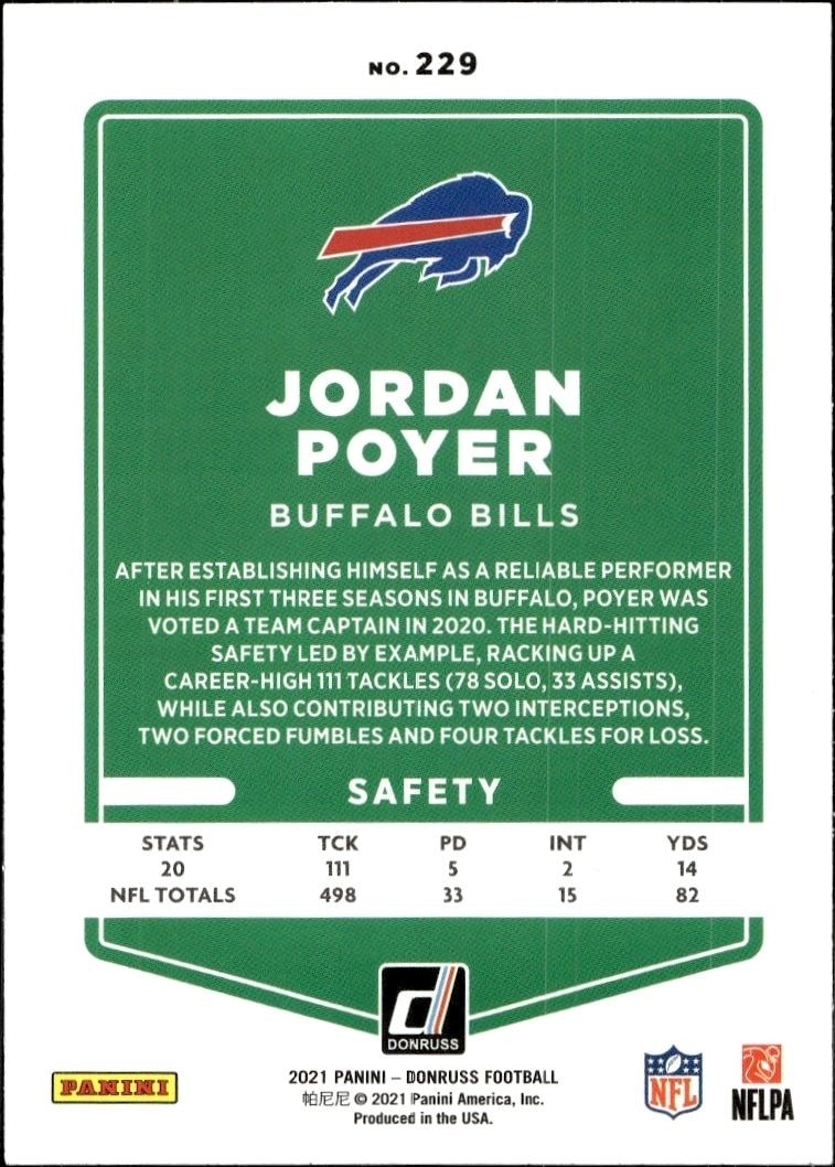 2021 Donruss Jordan Poyer #229 football trading card back