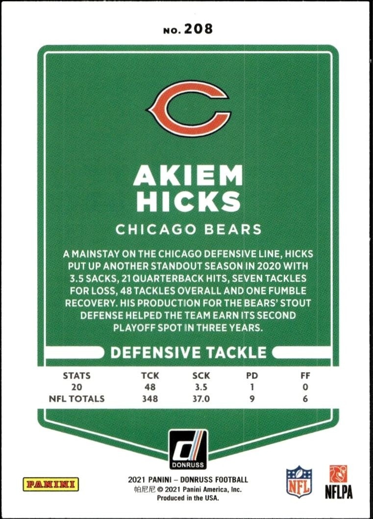 2021 Donruss Akiem Hicks #208 football trading card back