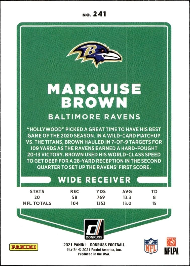 2021 Donruss Marquise Brown #241 football trading card back