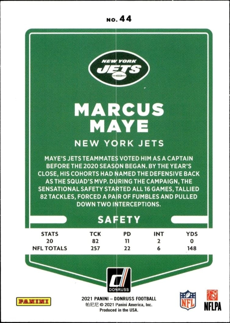 2021 Donruss Marcus Maye #44 football trading card back