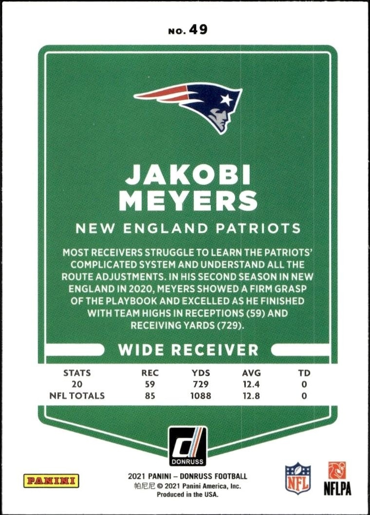 2021 Donruss Jakobi Meyers #49 football trading card back