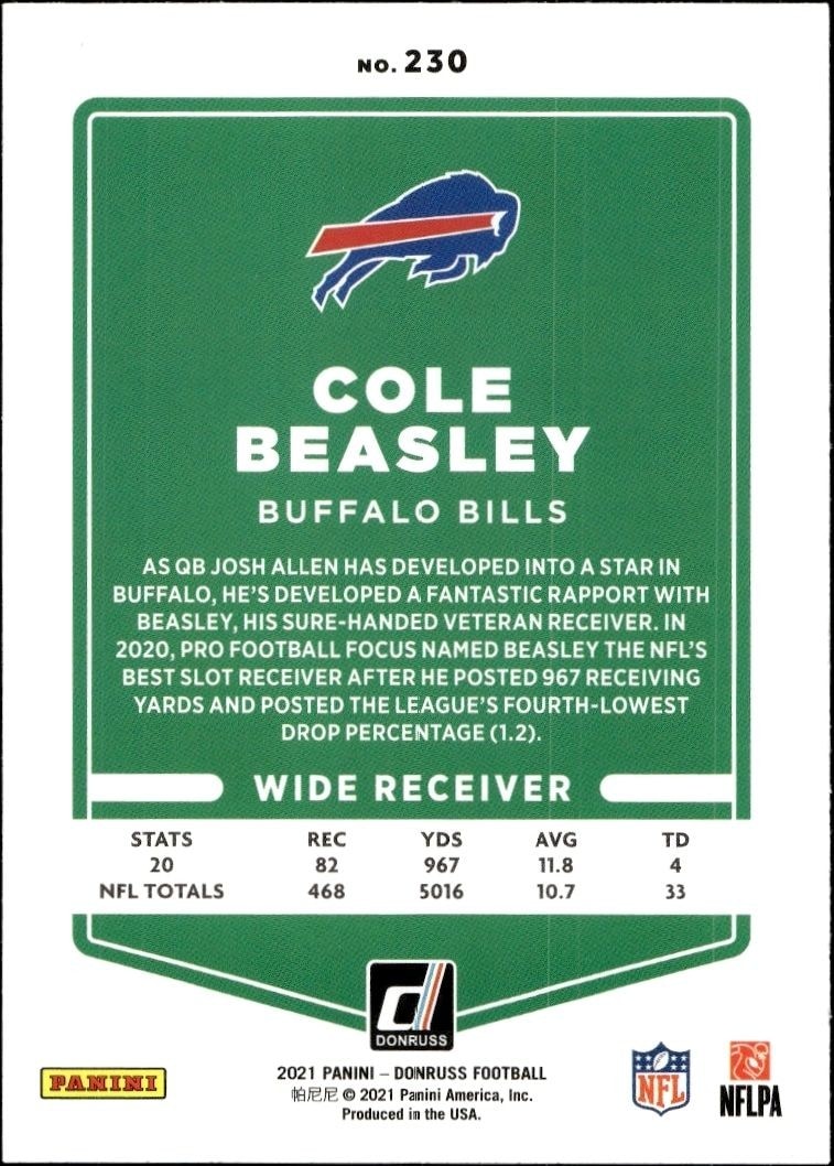 2021 Donruss Cole Beasley #230 football trading card back