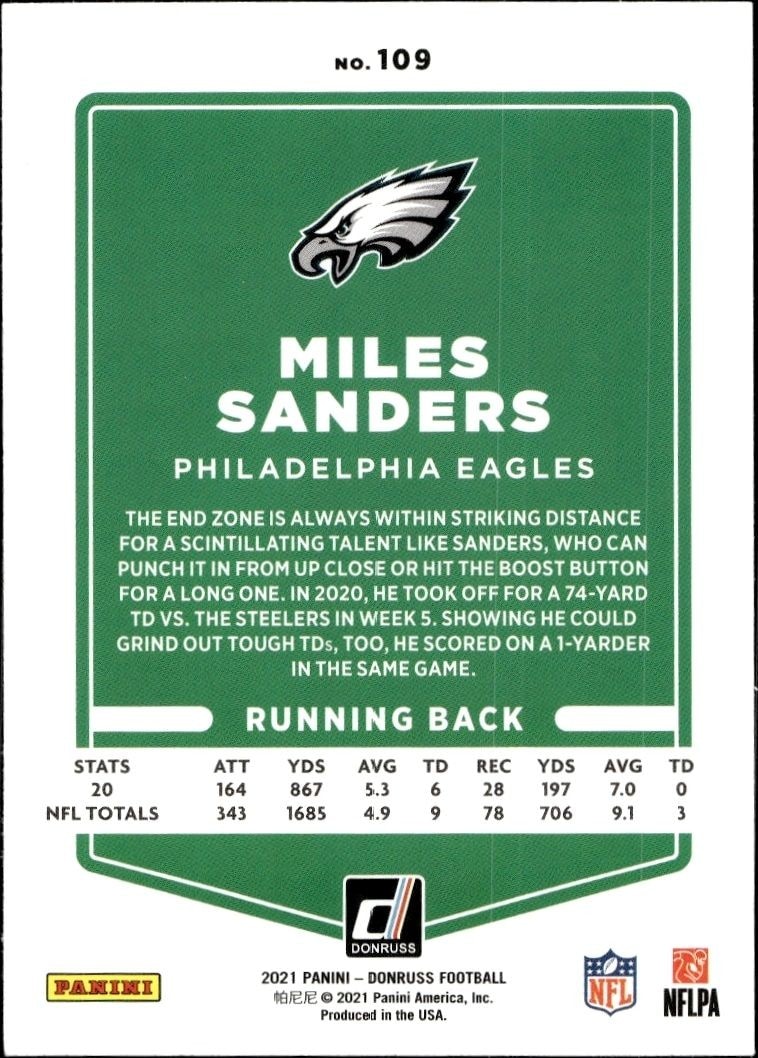 2021 Donruss Miles Sanders #109 football trading card back