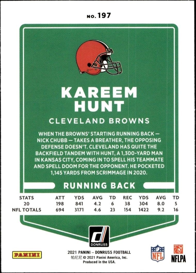 2021 Donruss Kareem Hunt #197 football trading card back
