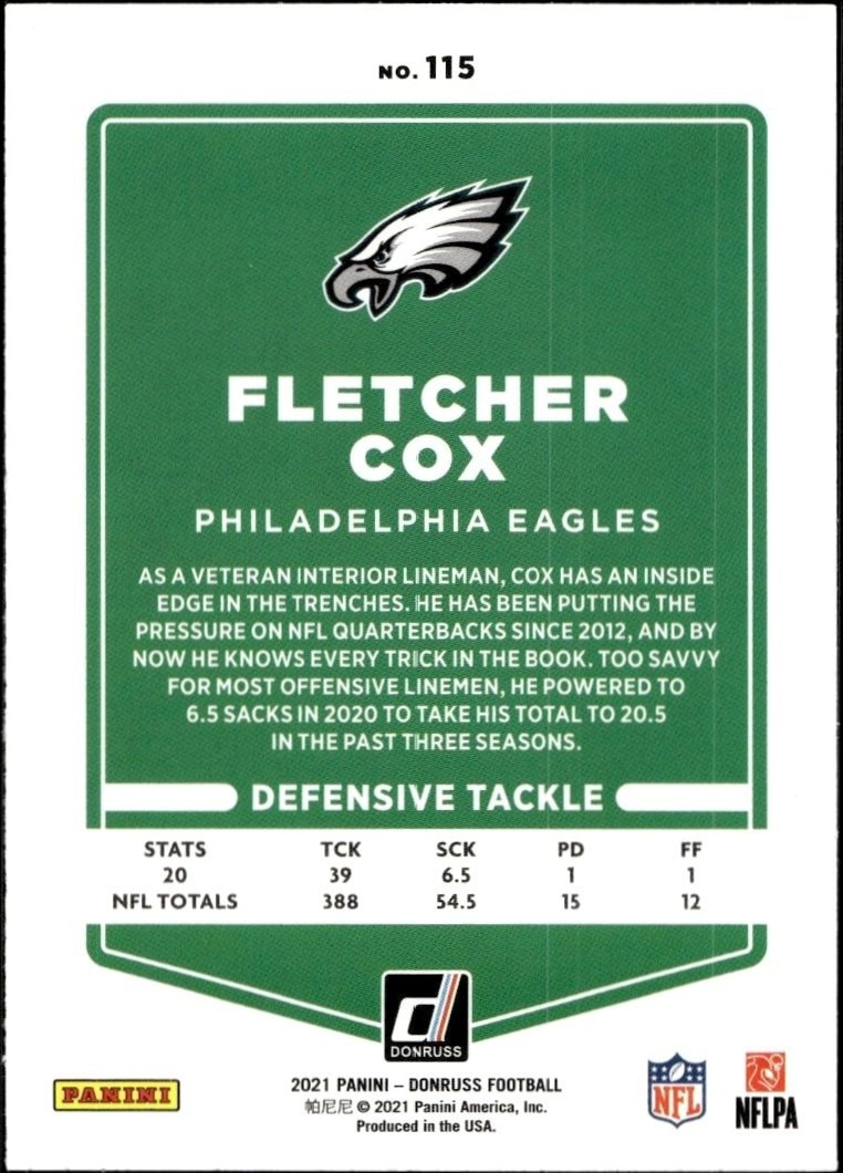2021 Donruss Fletcher Cox #115 football trading card back