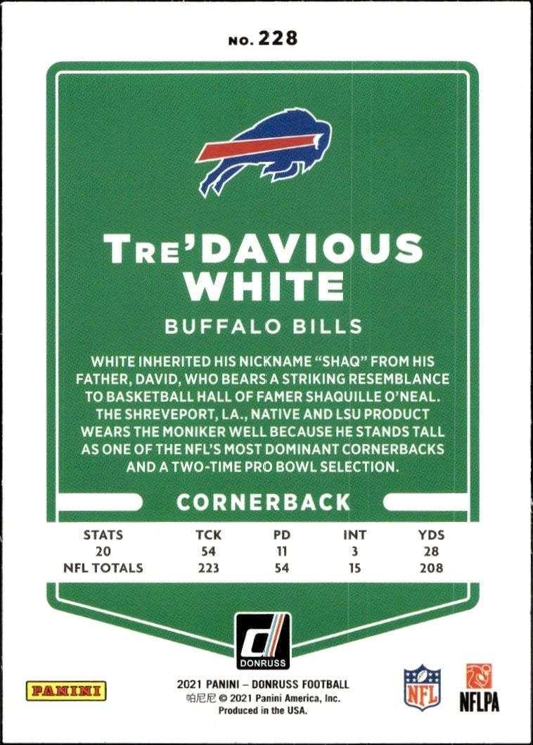 2021 Donruss Tre'Davious White #228 football trading card back