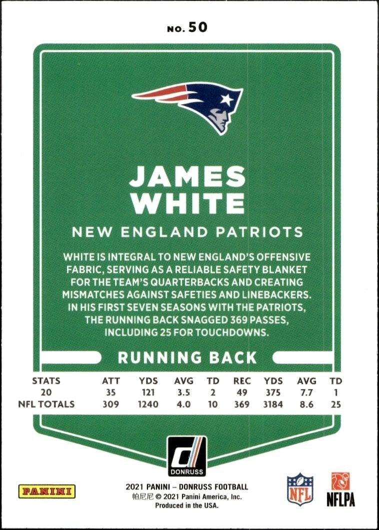2021 Donruss James White #50 football trading card back