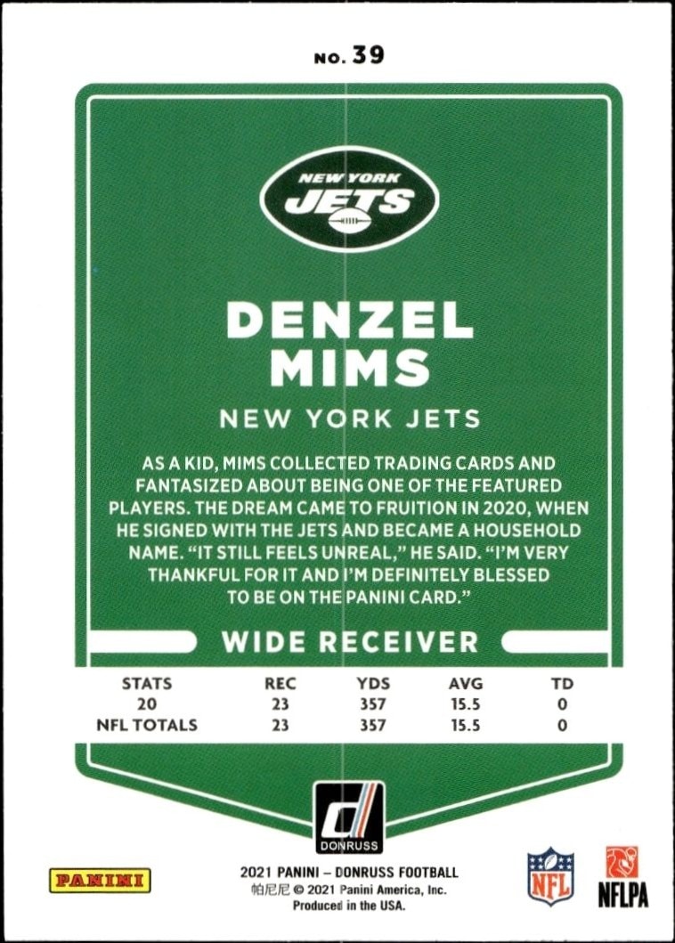 2021 Donruss Denzel Mims #39 football trading card back