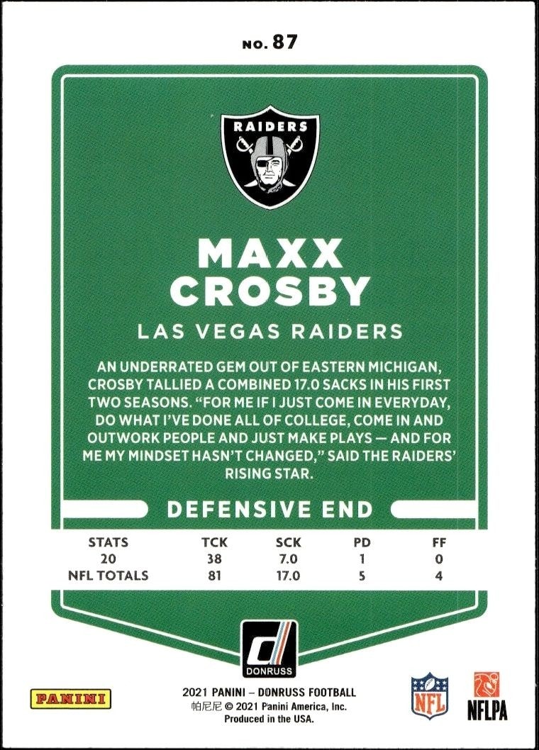 2021 Donruss Maxx Crosby #87 football trading card back