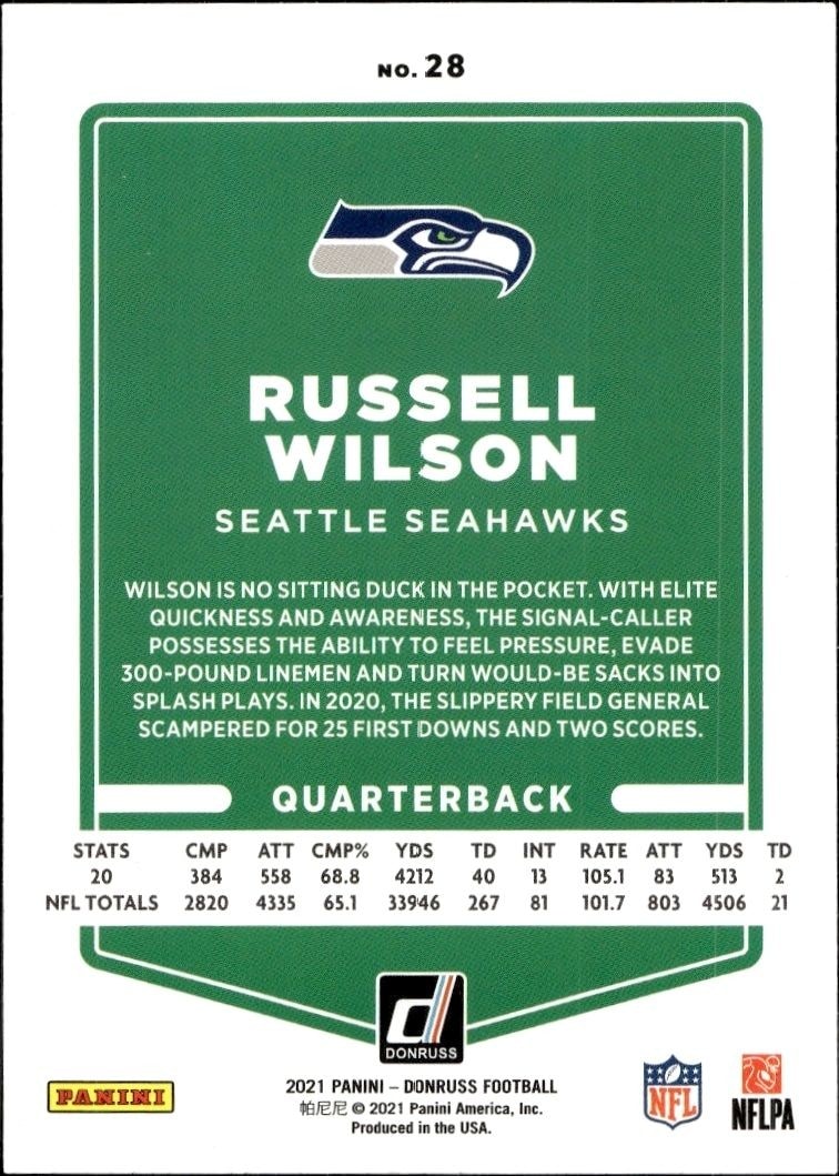 2021 Donruss Russell Wilson #28 football trading card back