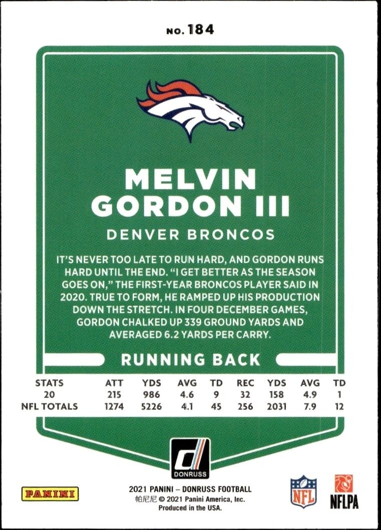 2021 Donruss Melvin Gordon III #184 football trading card back