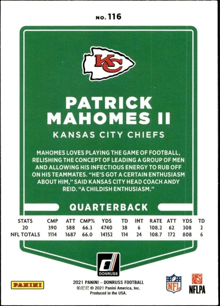 2021 Donruss Patrick Mahomes II #116 football trading card back