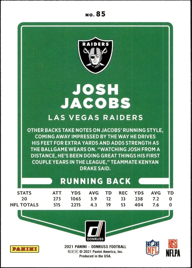 2021 Donruss Josh Jacobs #85 football trading card back