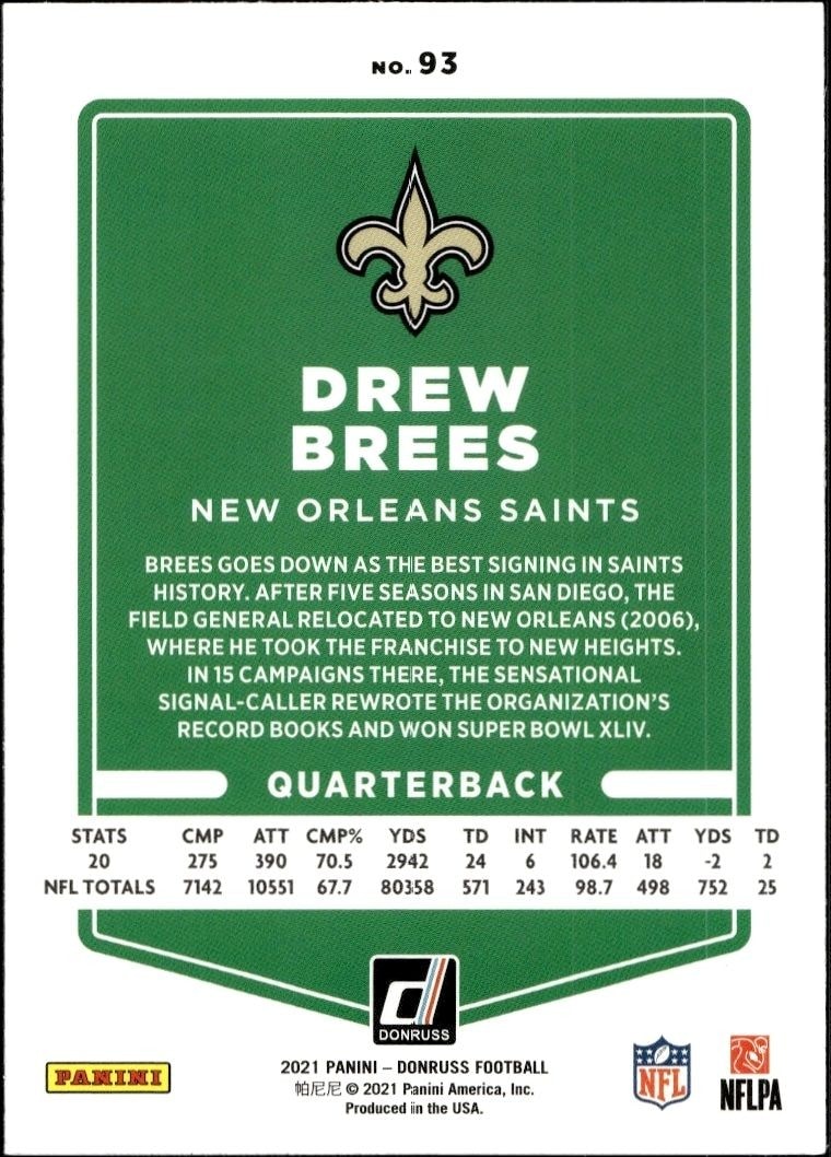 2021 Donruss Drew Brees #93 football trading card back