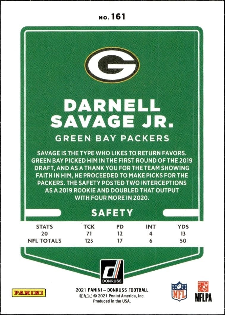 2021 Donruss Darnell Savage Jr. #161 football trading card back