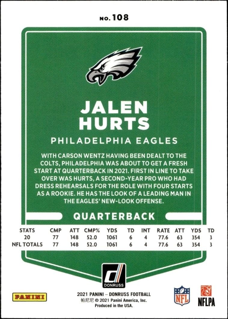2021 Donruss Jalen Hurts #108 football trading card back