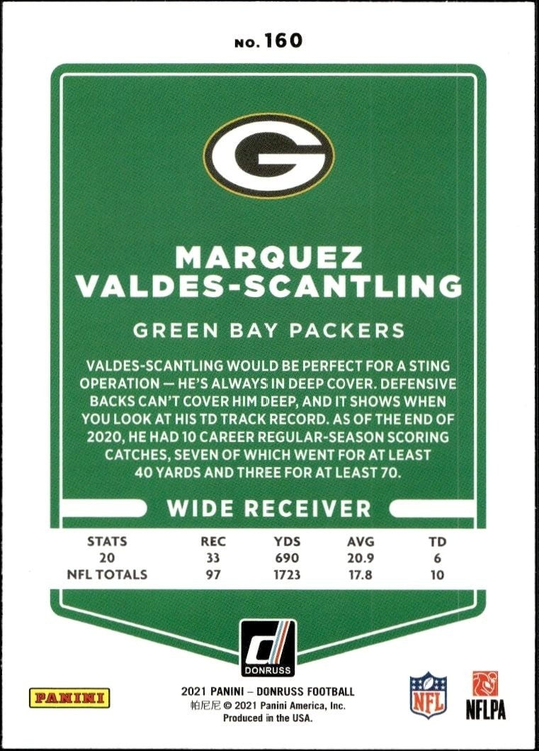 2021 Donruss Marquez Valdes-Scantling #160 football trading card back