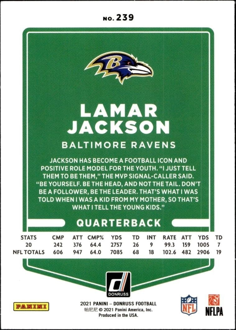2021 Donruss Lamar Jackson #239 football trading card back