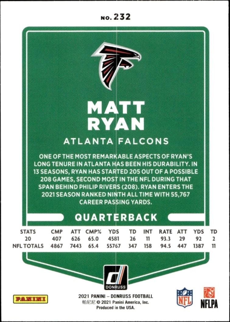 2021 Donruss Matt Ryan #232 football trading card back