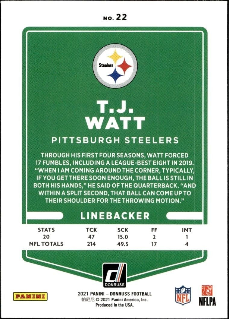 2021 Donruss T.J. Watt #22 football trading card back